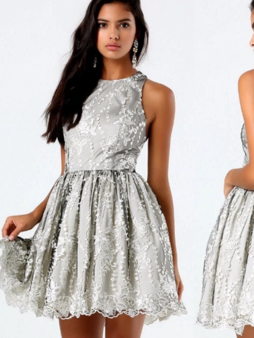 $200 NEW bebe black gray fit flare floral lace sequin mesh party dress S small 4